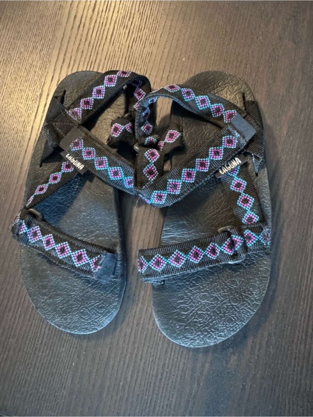 Vintage Laguna Black Sandal with Pink & Teal Diamond Webbing Size 10 Gorpcore - Picture 1 of 4